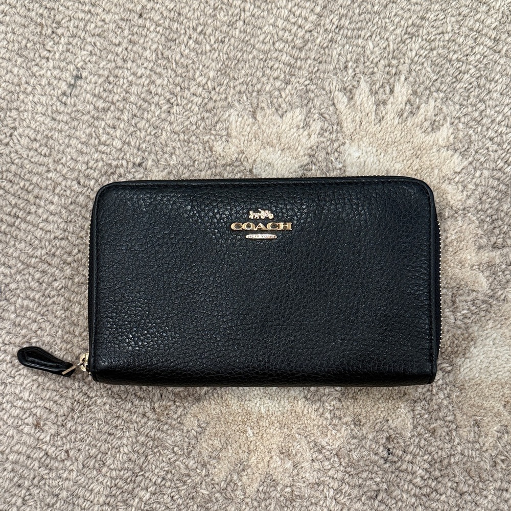 Coach Black Pebbled Leather Zip Wallet
